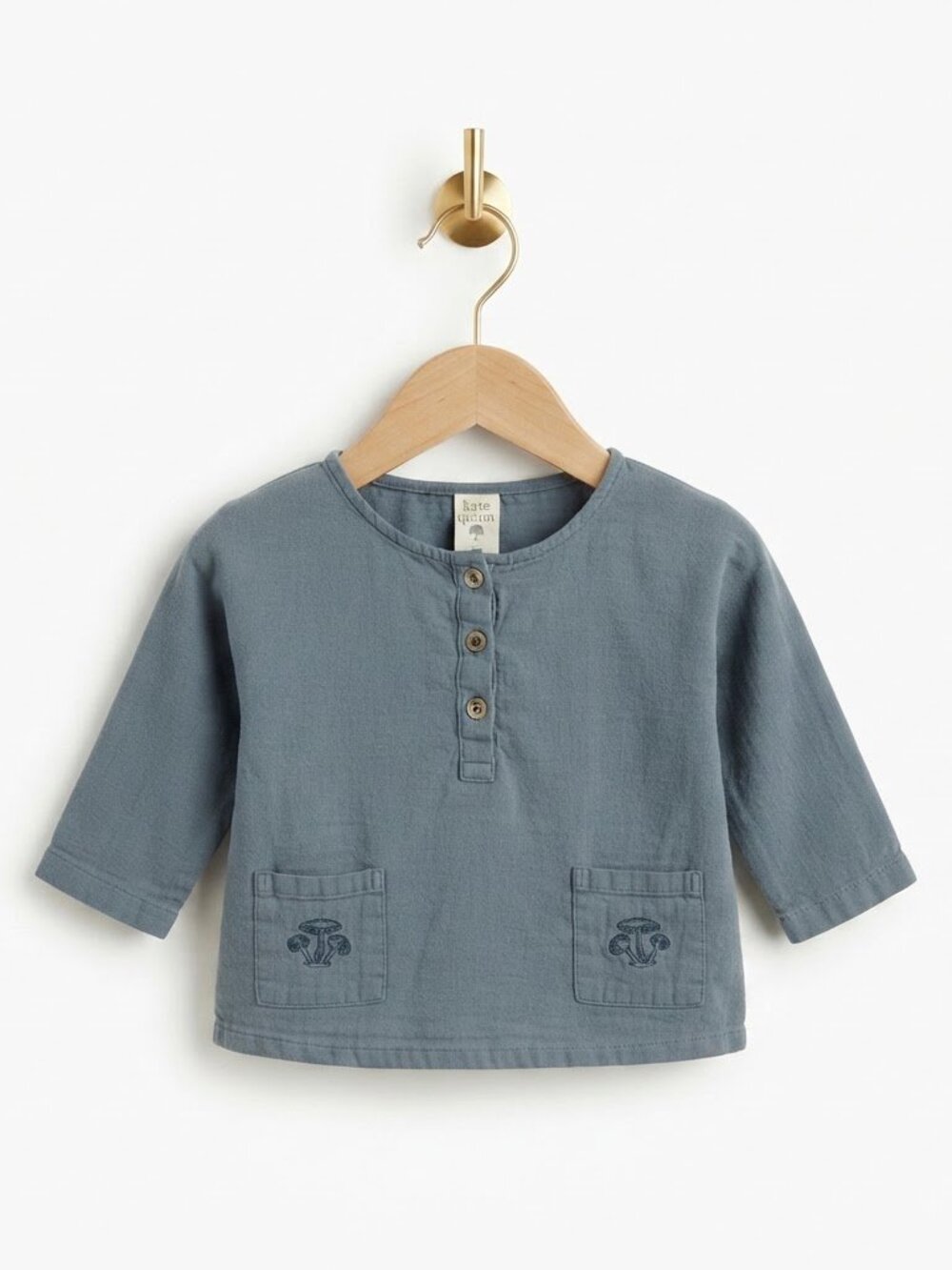 Kate Quinn Top Size 2T Blue Mushroom Embroidered Gauze Henley Cottagecore Boho
